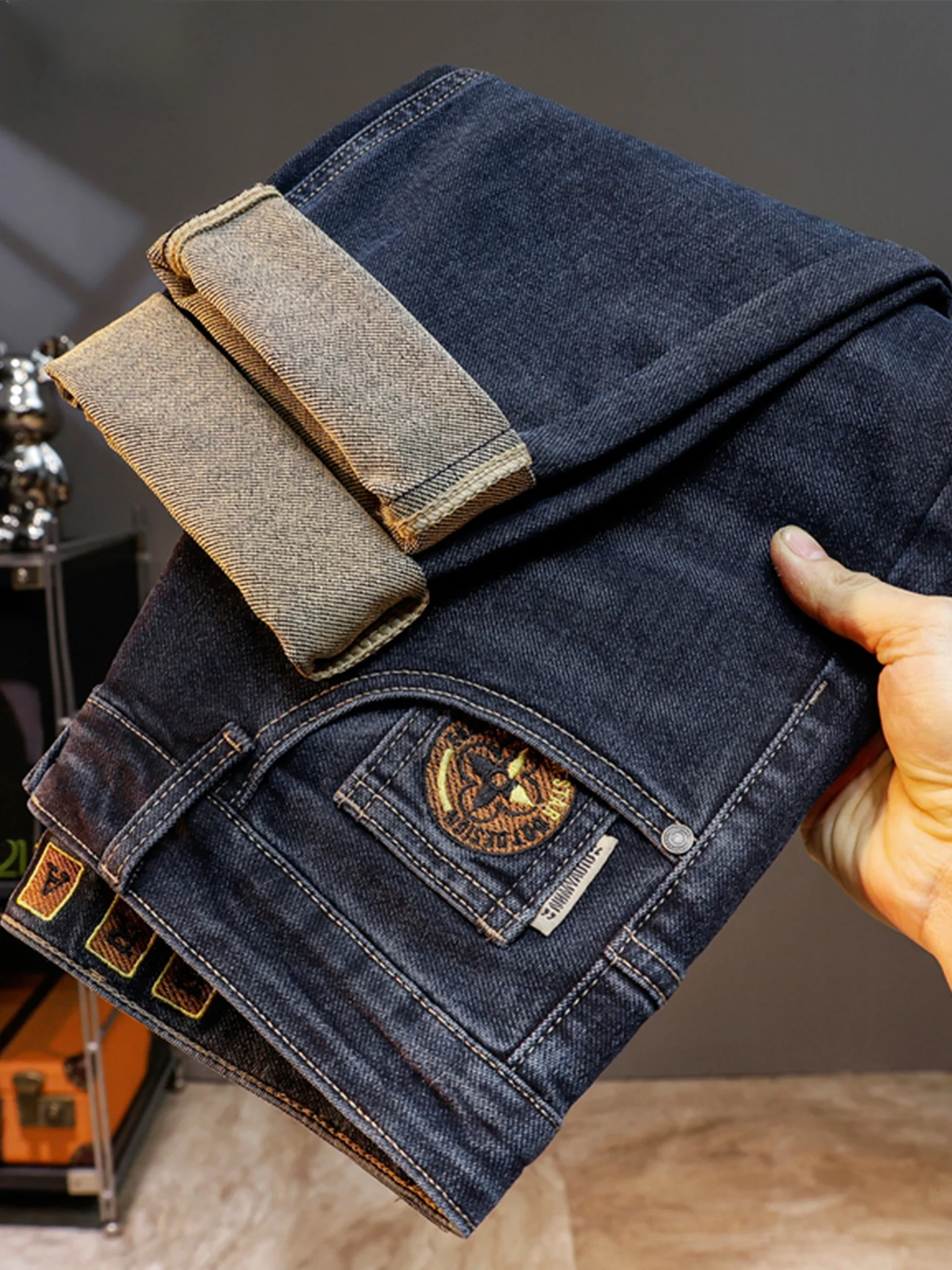 

Spring Season Men's Loose Fit Straight Leg Denim Jeans Embroidered High Waist Cotton Elastic Comfortable Casual Trousers