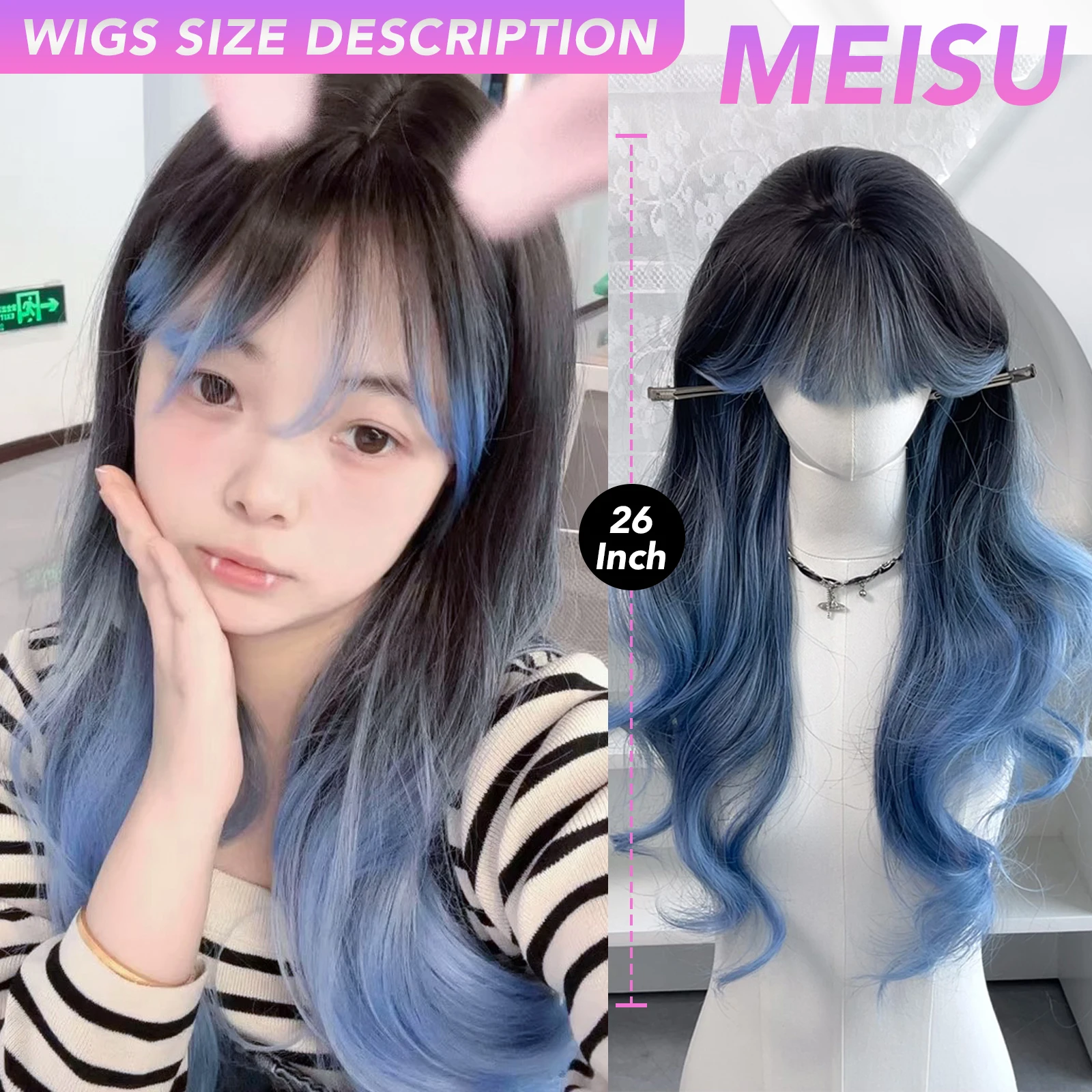 MEISU 26 بوصة الاصطناعية مجعد موجة الباروكات الهواء الانفجارات الشعر أسود أزرق مقاومة للحرارة الطبيعية وسلسة ارتداء اليومي للنساء