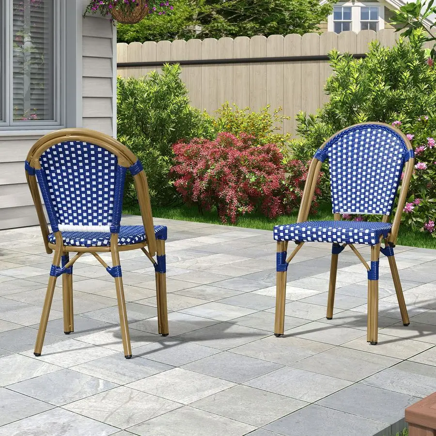 

Bistro Chair Set of 2 French HandWoven Wicker Chairs for Outdoor Patio Porch Garden Indoor, Bamboo Print Finish, Dark Blue, Din