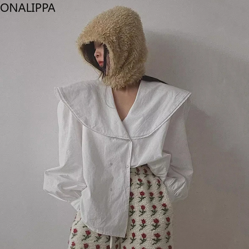 Onalippa Large Lapel Victorian Blouse White Double Breasted All Match Solid Casual Womens Tops French Style Bottoming Shirts