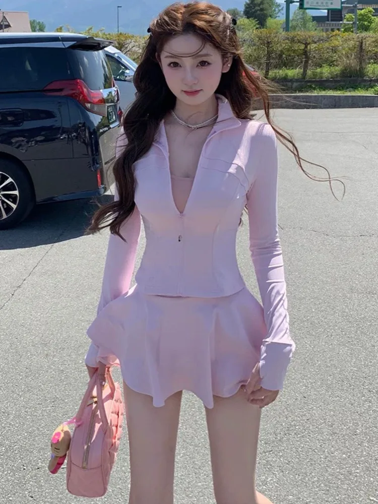 

2025 New Ice Silk Stand Collar Sun Protection Casual Sports Suit Women Summer Thin Running Fashion Short Skirt Two Piece Set