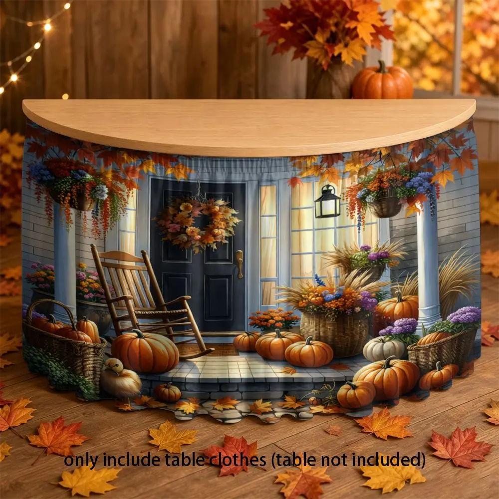 2D multi-functional tablecloth, round table cover, autumn harvest porch scene print, pumpkin rocking chair garland design