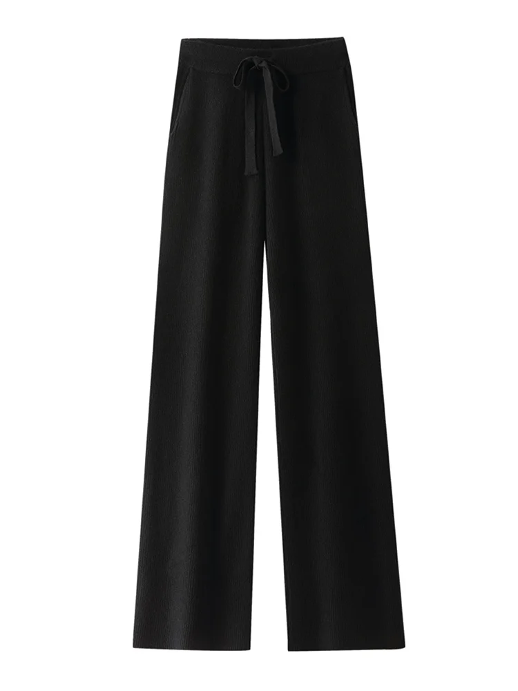 New Women' s Wool Side Pocket Wide Leg Pants Autumn Winter 100% Merino Wool Vertical Knit Pants Chic Office Lady Pants ﻿