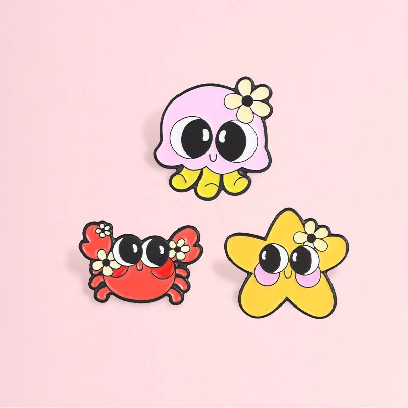 Creative Cartoon Cute Ocean Animal Brooch Funny Flower Octopus Crab Starfish Alloy Badge Casual Commute Gift Pin DIY Bag Clothes