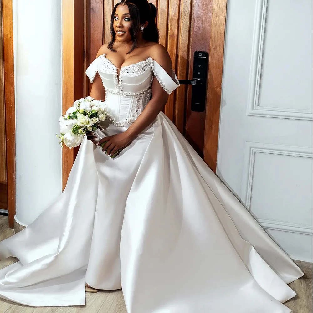 Satin Mermaid Wedding Dresses with Detachable Train Off Shoulder Sweet Heart Pleats Beading Africa Bride Bridal Gowns Customized