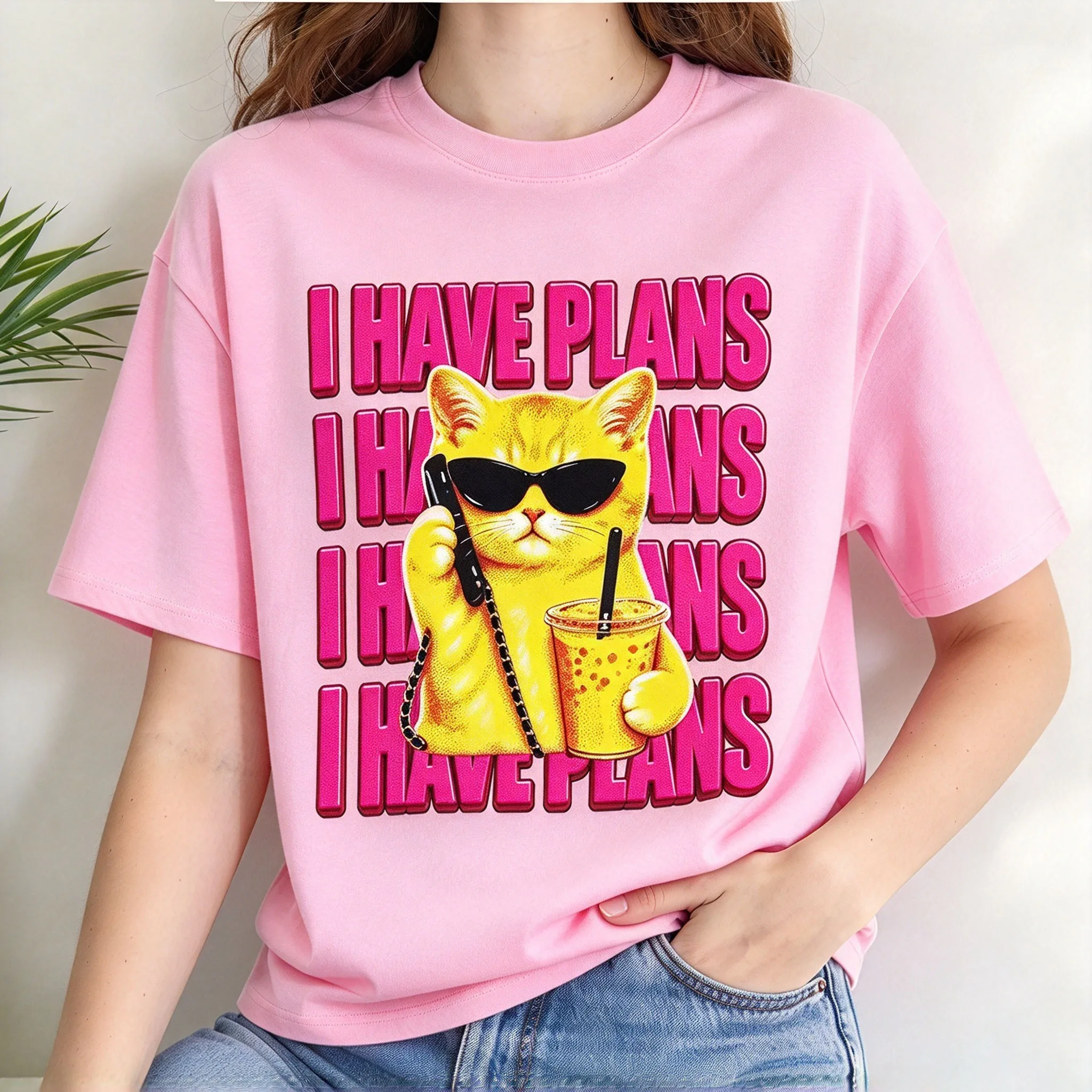 Pure Cotton Womens T Shirt I Have Plans Cool Yellow Cat Sunglasses Bubble Tea Graphic Crewneck Oversized Meme Short Sleeve Tee