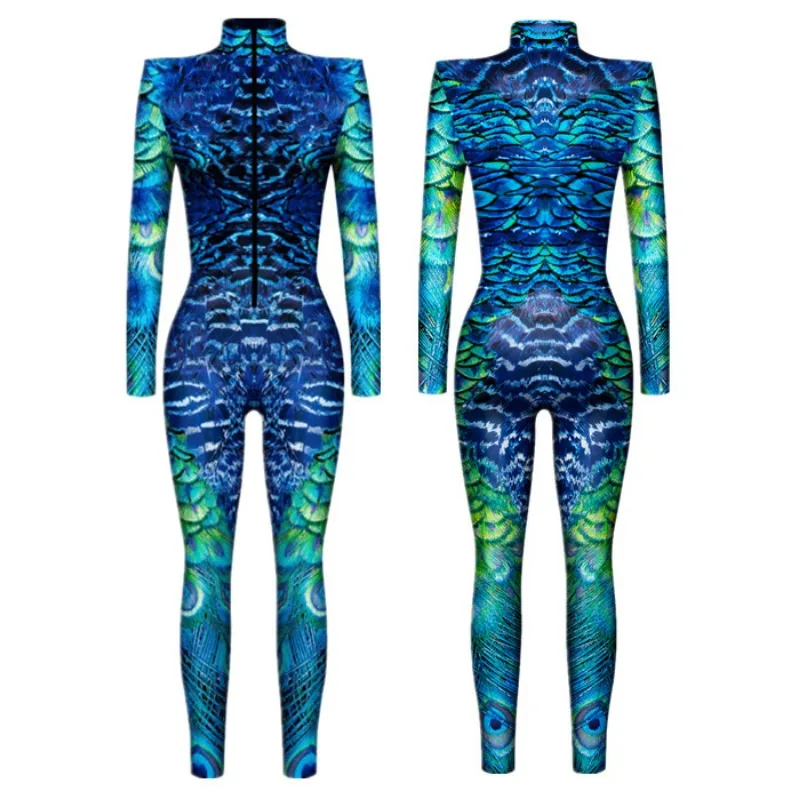 Animal Scales Peacock Feather Snake Skin Interesting 3D Punk Gothic Women Sexy Halloween Slim Jumpsuit Cosplay Costume Bodysuit