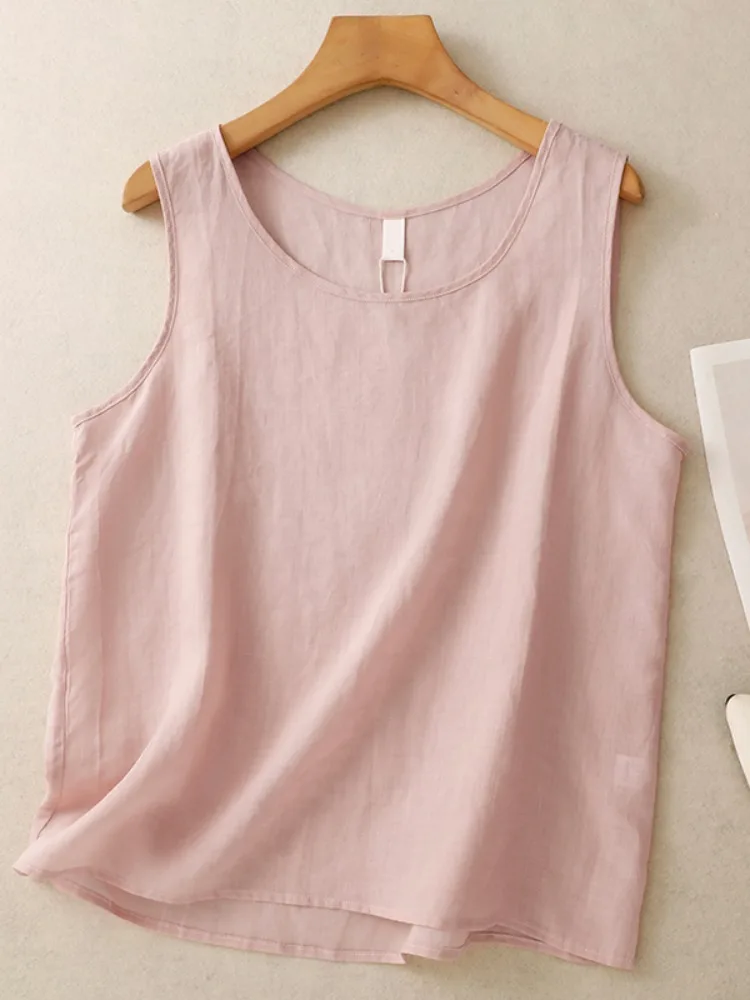 Damska letnia bluzka na ramiączkach z lnu i bawełny, wyszczuplająca, gładka, cienka, luźna, wkładana przez głowę, bazowa, lniana odzież wierzchnia.