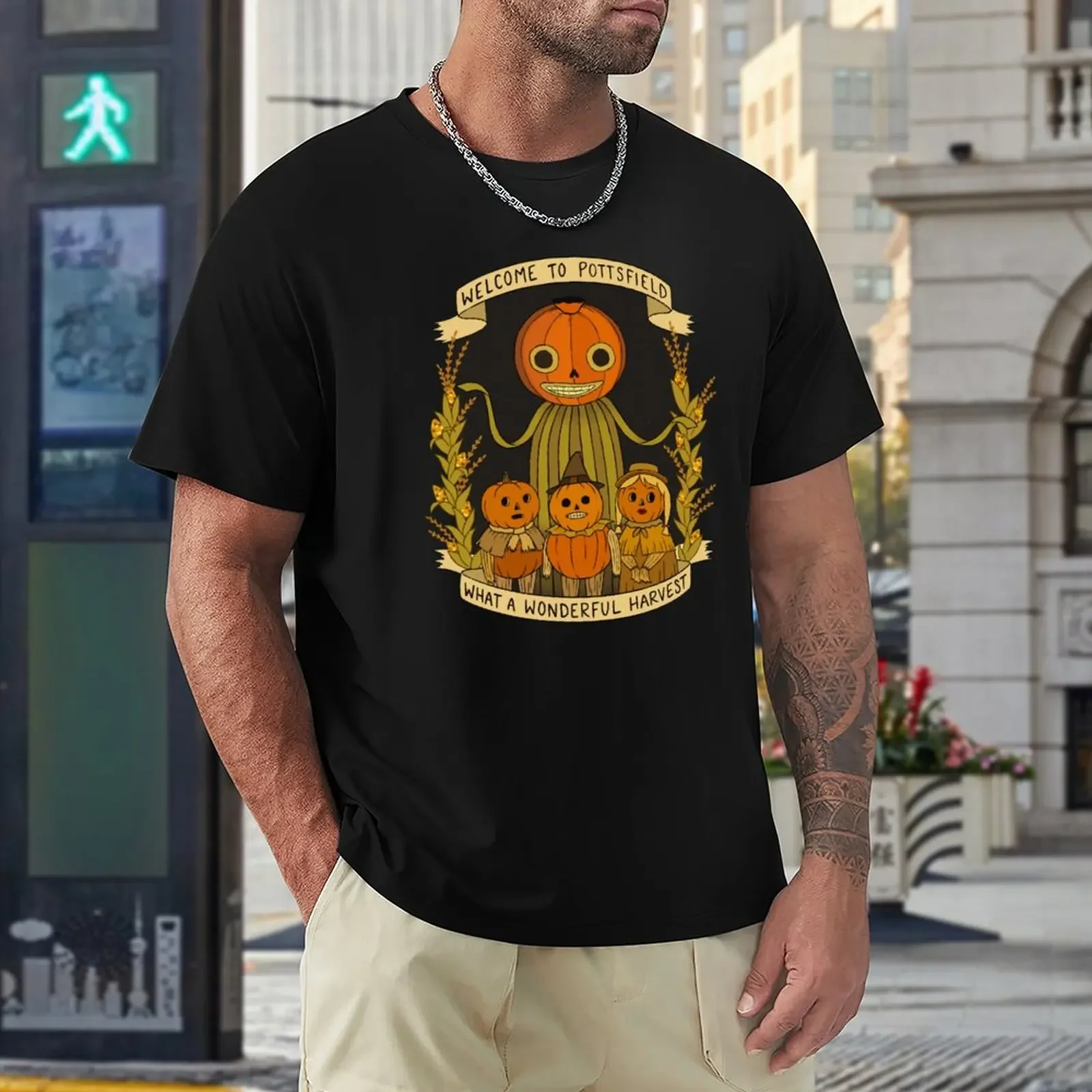 T-shirt de algodão bonito para homens, Bem-vindo a Pottsfield, Que colheita maravilhosa, Roupas Kawaii