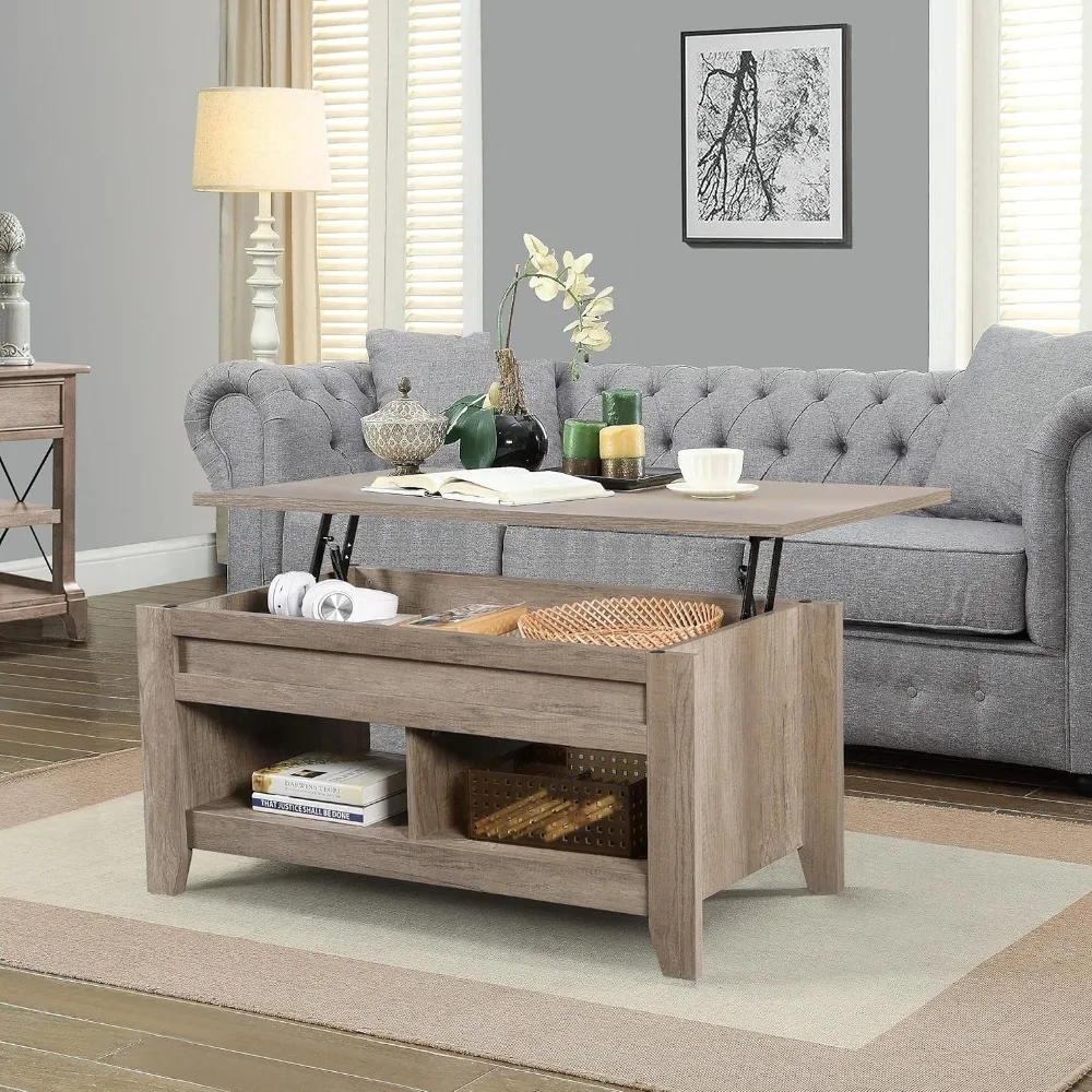 

Height-adjustable coffee table, coffee table with hidden storage compartment and lower shelf, suitable for living room, office