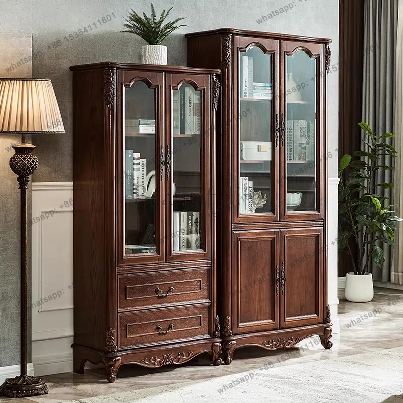 American solid wood dust-proof glass door vertical cabinet with door home display retro small bookcase against the wall