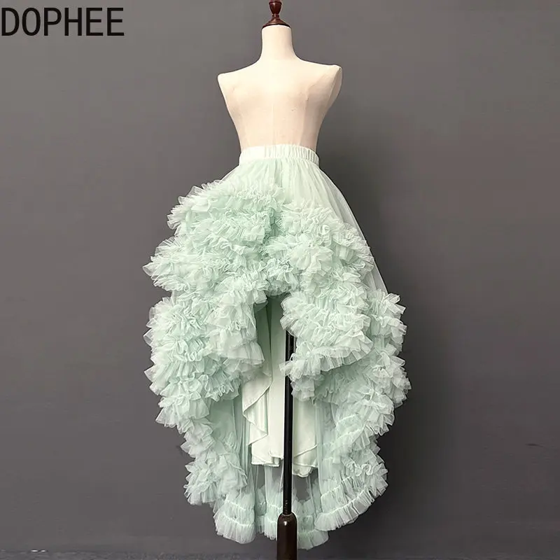 Original Spring Summer Dreamy Flowers Light Green Elastic Waist Fairy Skirt Elegant Ultra Long Irregular Mesh Swallowtail Skirts