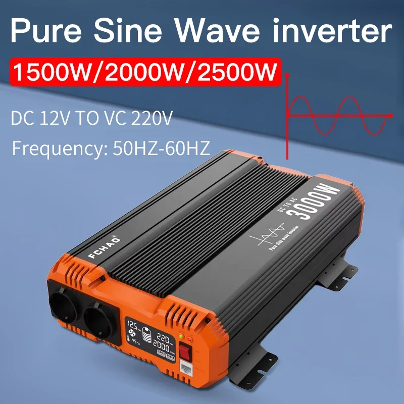 FCHAO Inverter Pure Sine WaveAuto DC 12Vto AC 220V 230V Oltage power Converter 1500W 2000W 2500W Charging Adapter LED Display