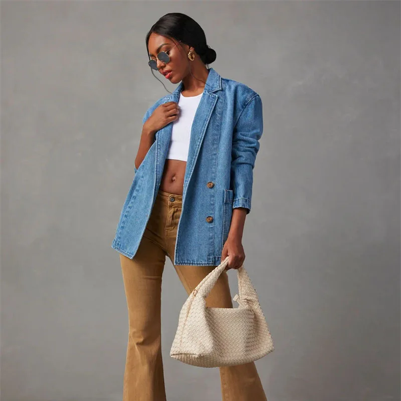 Streetwear Women Denim Suit Jacket Jeans Blazers Loose Washed Retro Blue Outerwear Female Double-breasted Blazers Spring Autumn