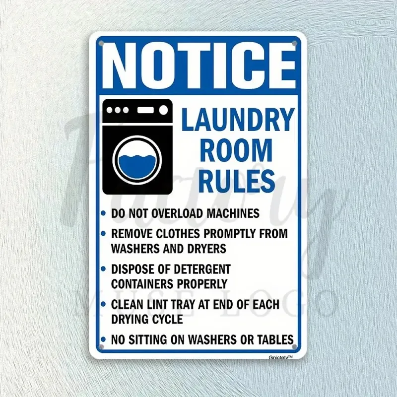 Laundry Room Rule Text, Classic Design Funny Metal Sign with Blue Background, Featuring Colorful Inspirational