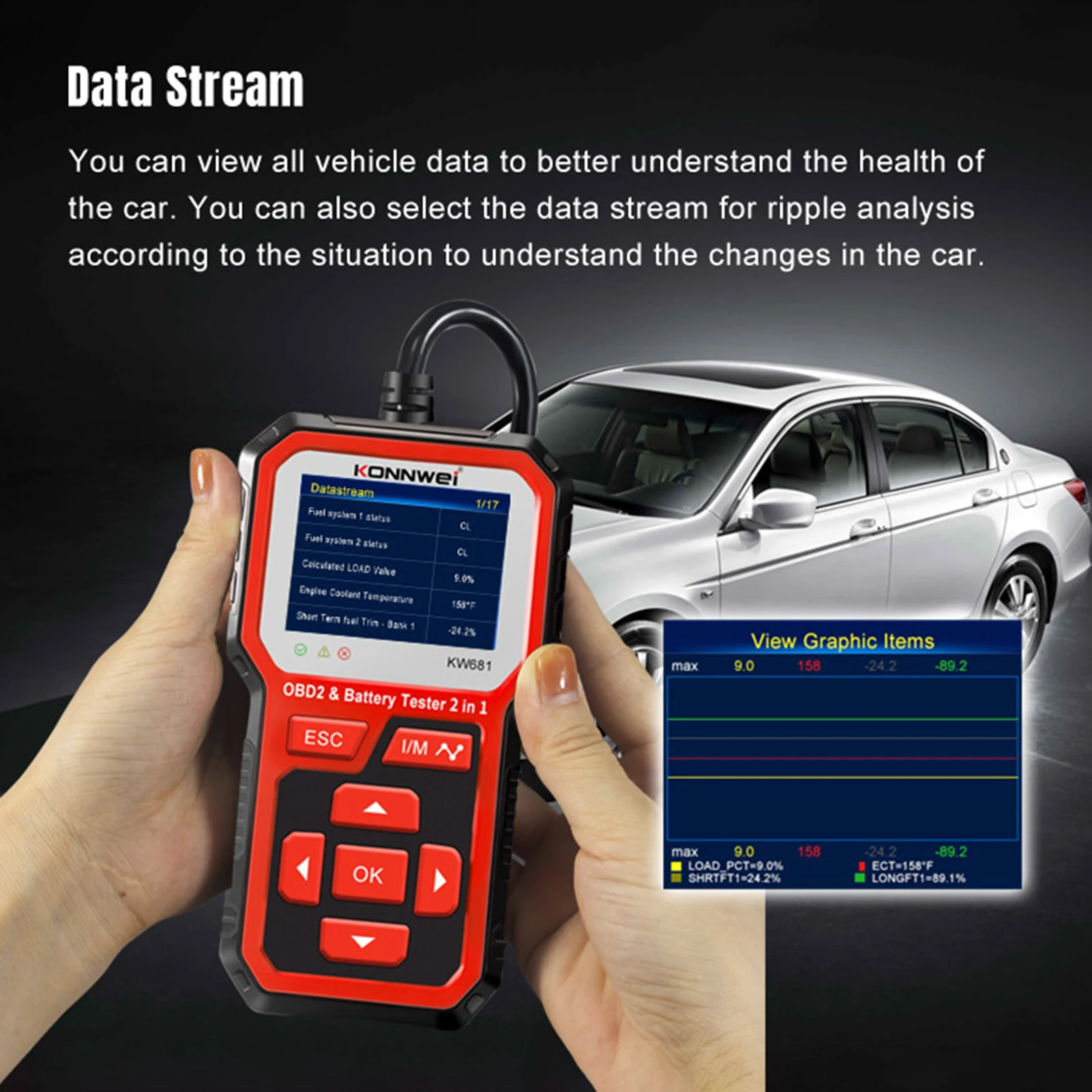 KONNWEI KW681 Car&Motrocycle Battery Tester & OBDII Diagnostic Scanner Tool 2 in 1