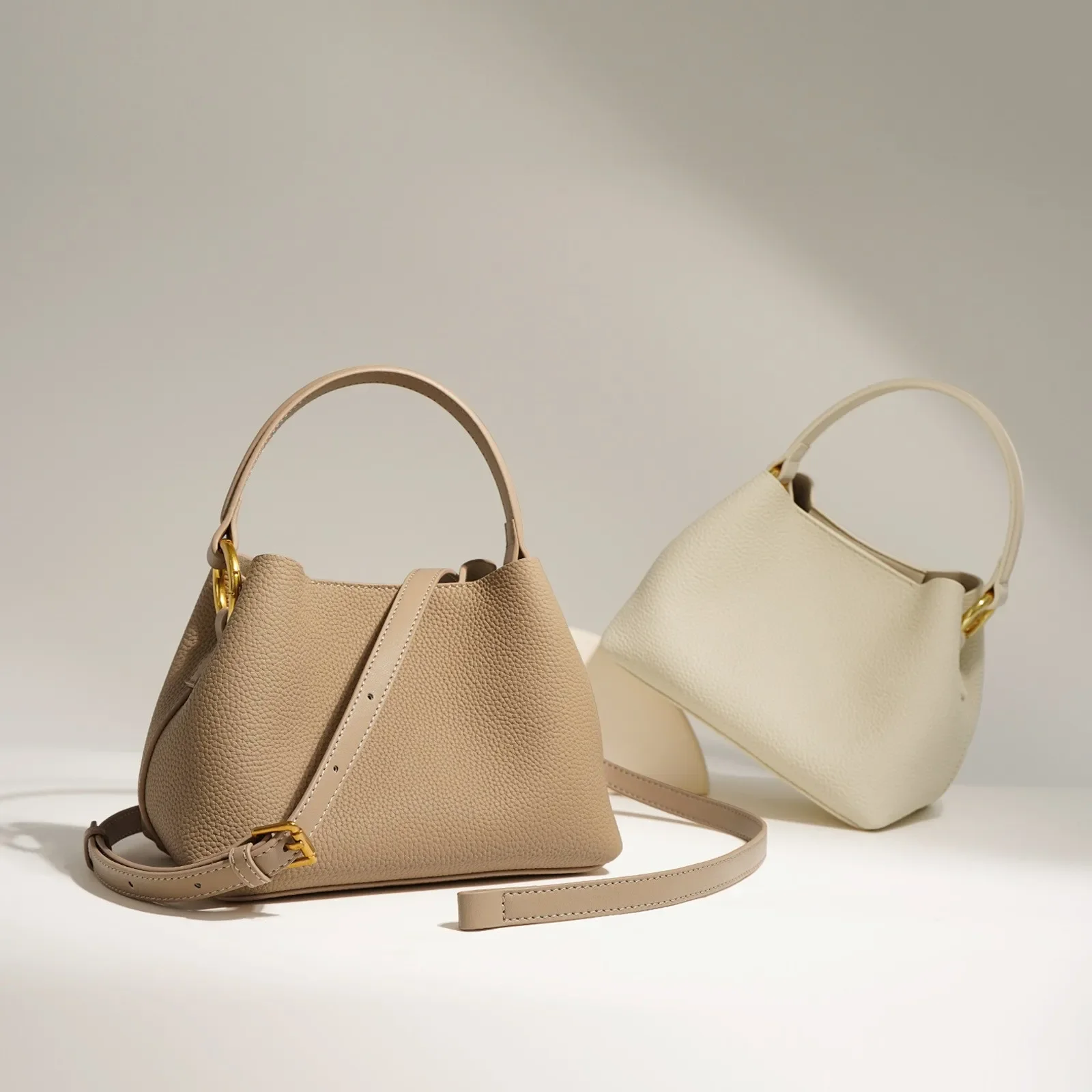 

Mini Soft Leather Bucket Bag Women's Crossbody Basket Design Handbag Top Layer Cowhide Apricot Color Casual Chic Style
