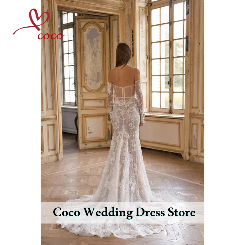 تخصيص مثير عارية الذراعين الدانتيل حورية البحر فساتين الزفاف قبالة الكتف طويلة الأكمام أثواب الزفاف الوهم بطانة فستان العروس #2