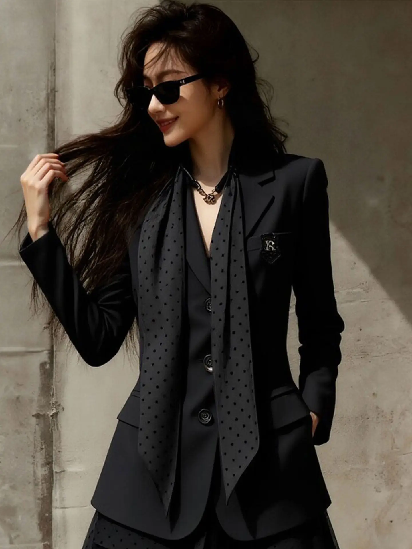 Elegant Black Mesh Splice  Skirt Suit Women's Fashion Spring Collection Breathable Polyester Fiber Long Sleeve Button up