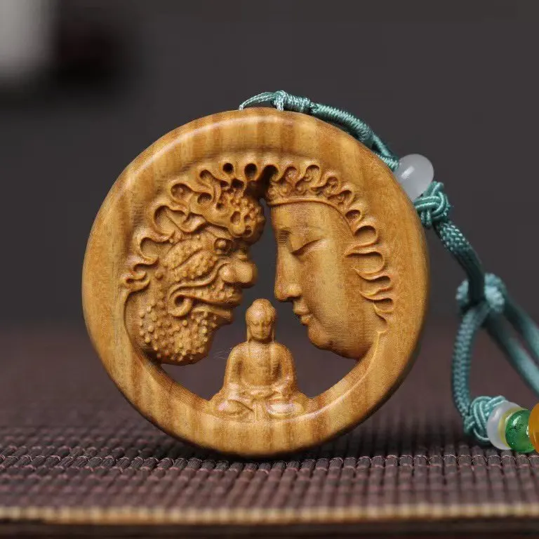 

Cz green sandalwood carved "a thought between" buddha & demon pendant - guanyin & tathagata buddha ornament