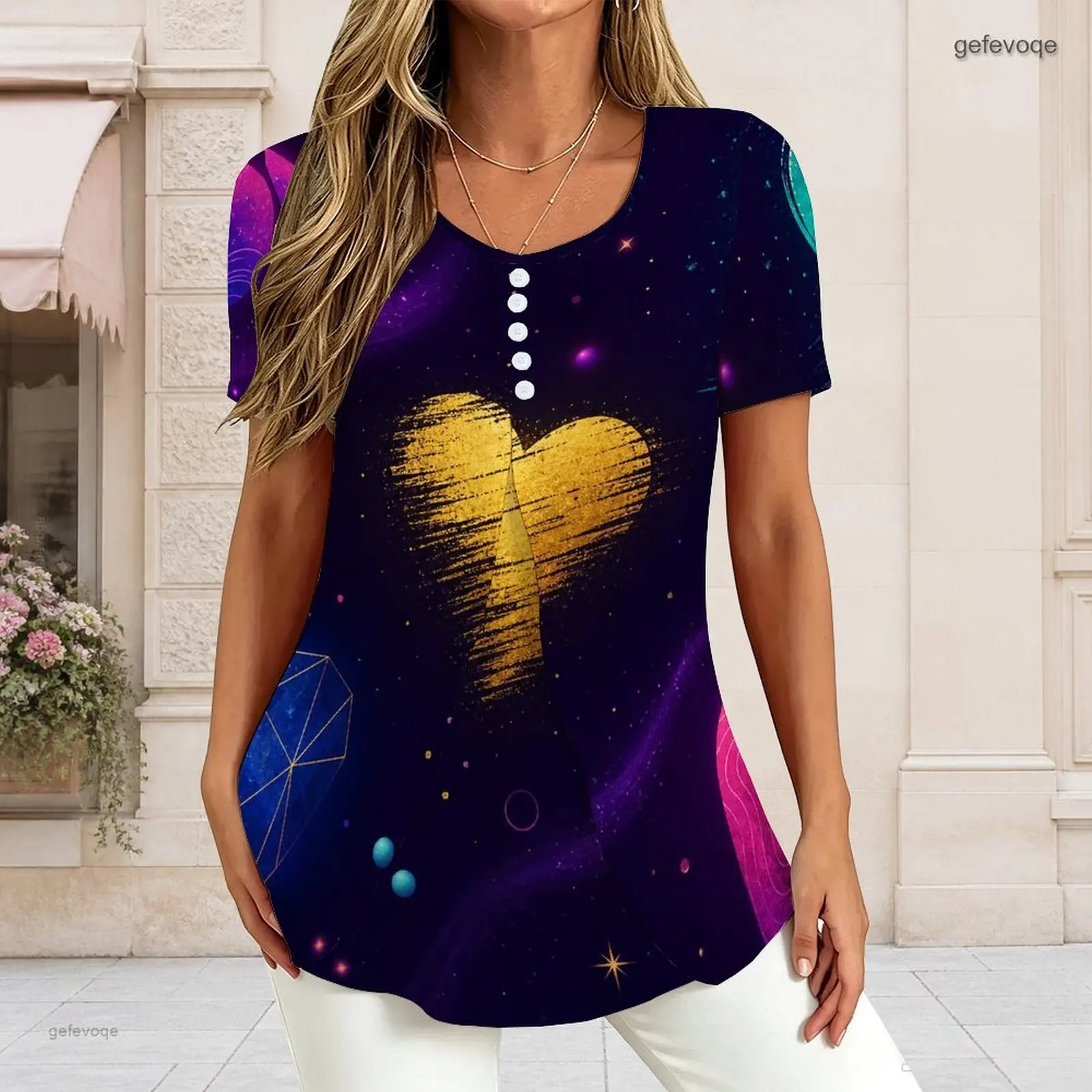 Women V Neck Short Sleeve T Shirt Half Button Placket Fake Two Piece Layered Curved Hem Loose Tunic Top Custom Print Ladies Casu