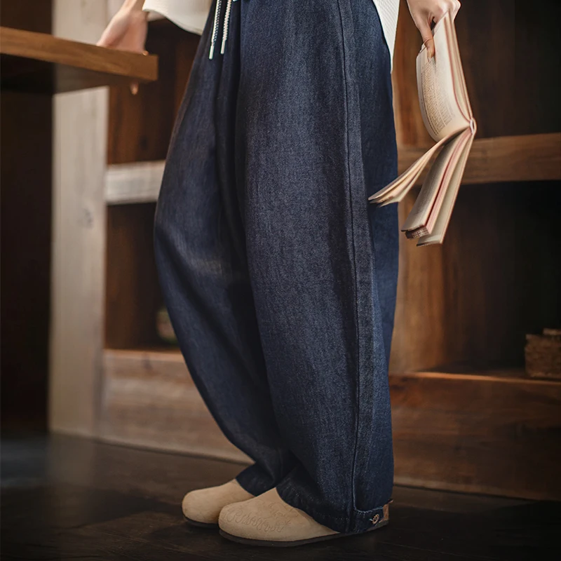 

Maden Retro Women's Banana Jeans Spring Soft Stretch Tapered Pants Cool Blue Jeans with Elastic Drawstring Waist Casual Trousers