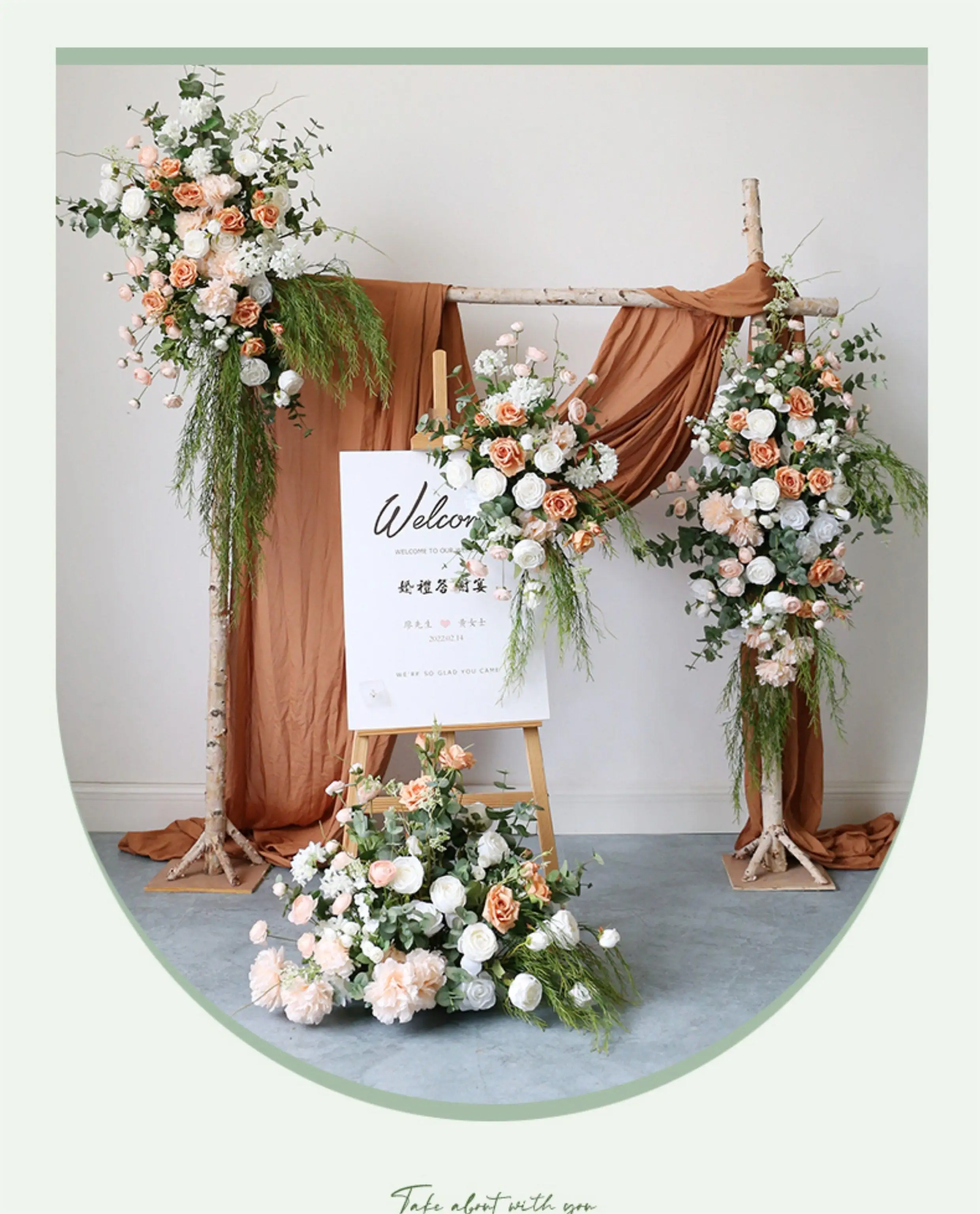 Champagnerweiße Rose mit grünen Blättern, hängende Blumenreihe, Dekoration für Hochzeitshintergrund, Tischdekoration, Ballveranstaltung, Gangdekoration, Bodenblumenrequisiten – Detail 1