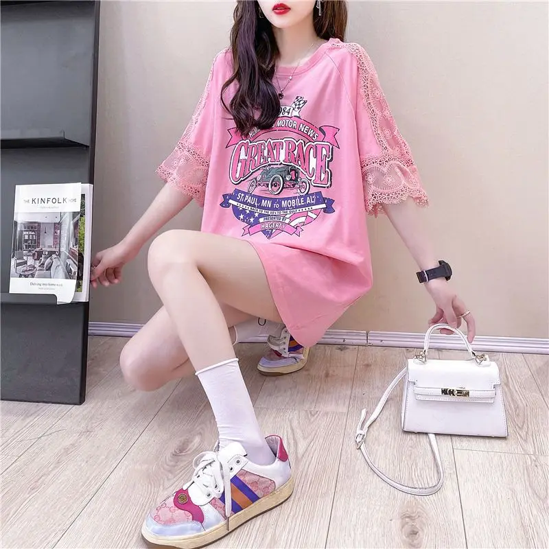 Korean Letter Printed Spliced T-shirt Summer New O-Neck Casual Fashion Lace Female Clothing Loose Commute Short Sleeve Pullovers