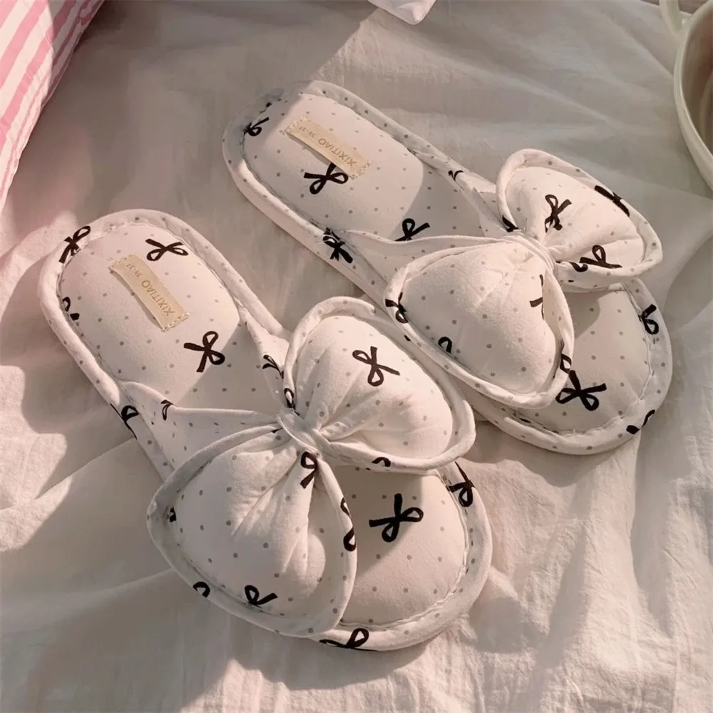 

Shoes Korean Style Bow Slippers Cotton and Linen Cute Polka Dot Slides Soft Silent One-line Slippers Home