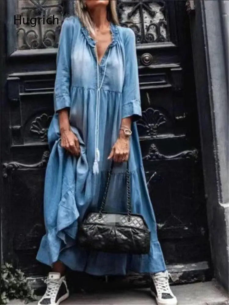 Ruffle Collar V Neck Three Quarter Sleeve Tiered Long Dress Loose Flowy A Line Hem Soft Casual Street Maxi Dress view 2