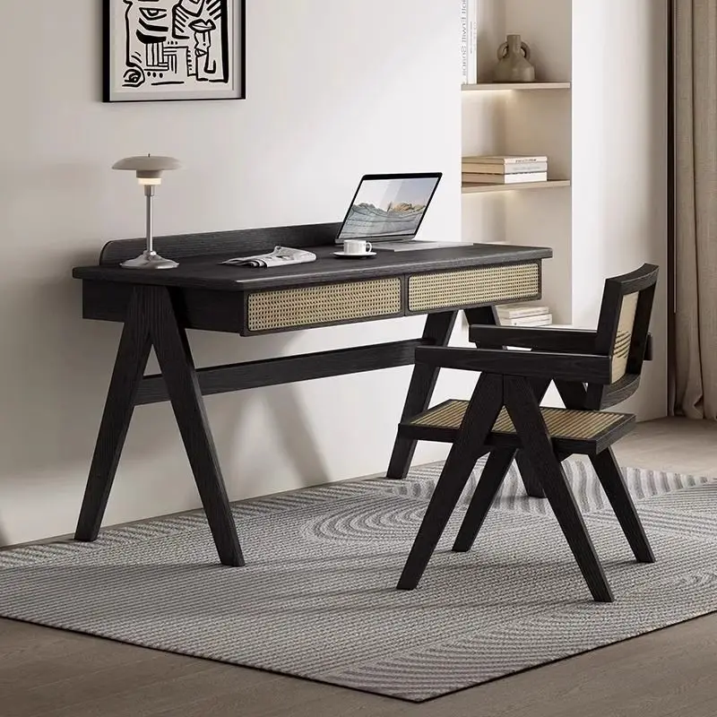 

Nordic solid wood rattan French retro style ash wood dresser makeup table, bedroom learning computer table