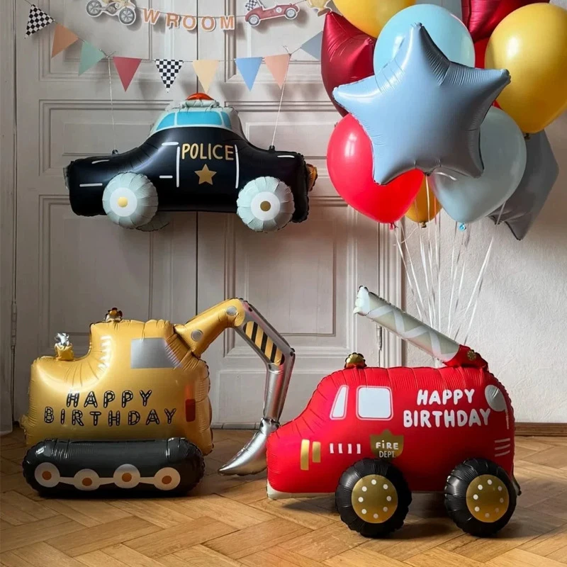 Police car, fire truck, excavator aluminum foil balloons children's birthday party scene setup car theme decoration set