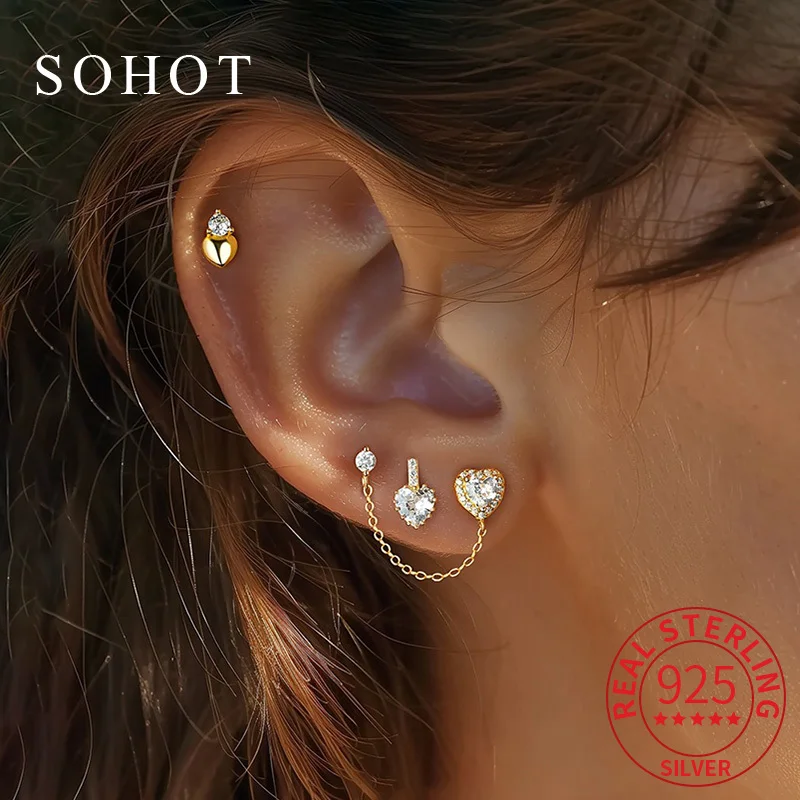 

1 Pcs Real 925 Sterling Silver Heart Zircon Chain Tiny Stud Earrings for Women Cute Party Fine Jewelry Geometric Accessories