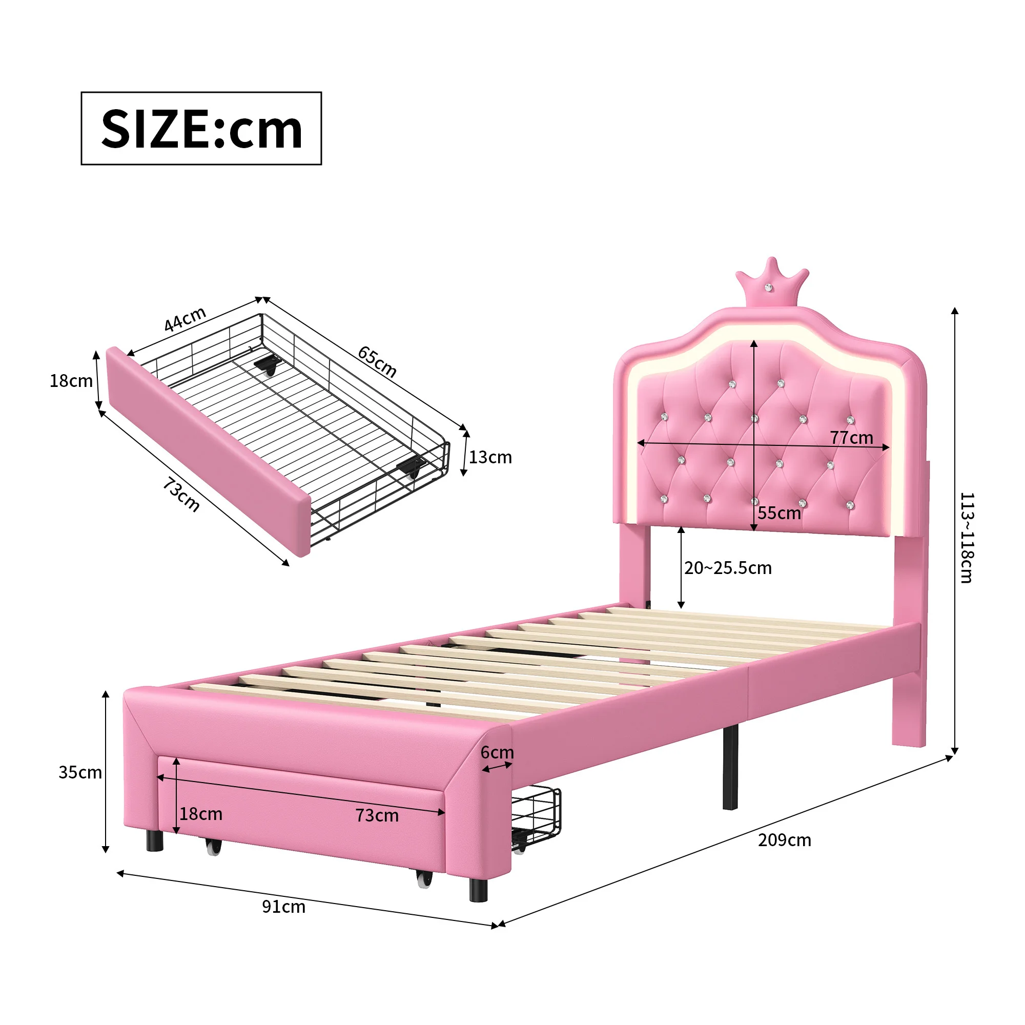 Kinderbed 90x200/140x200cm met LED-verlichting, gestoffeerd bed voor meisjes, hoofdeinde met kroon en lade-opbergruimte, verstelbaar hoofdeinde