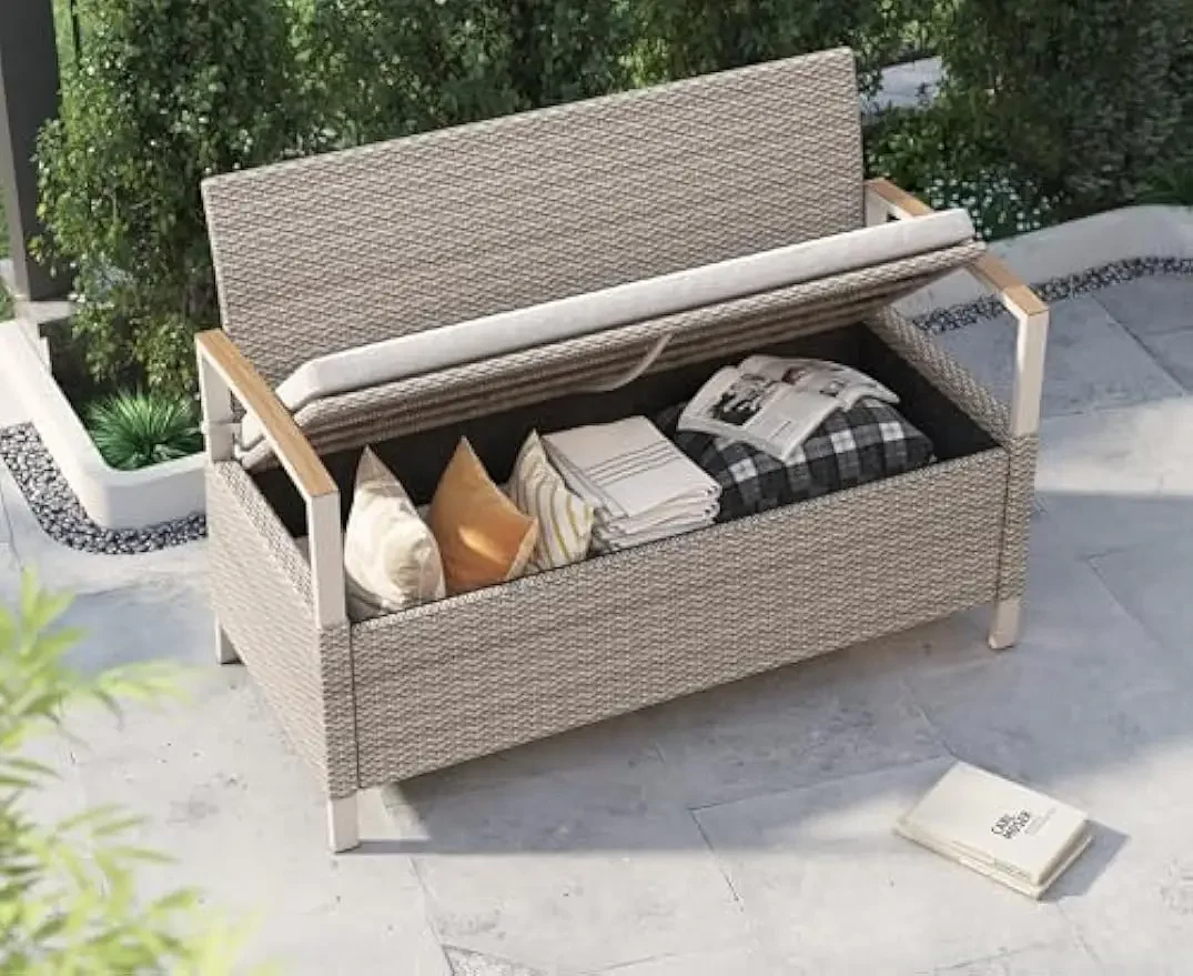 

Grand patio Outdoor Storage Bench Deck Box with Olefin Cushion, Wicker Deck Box with Water Resistant Bag, Outdoor Seating