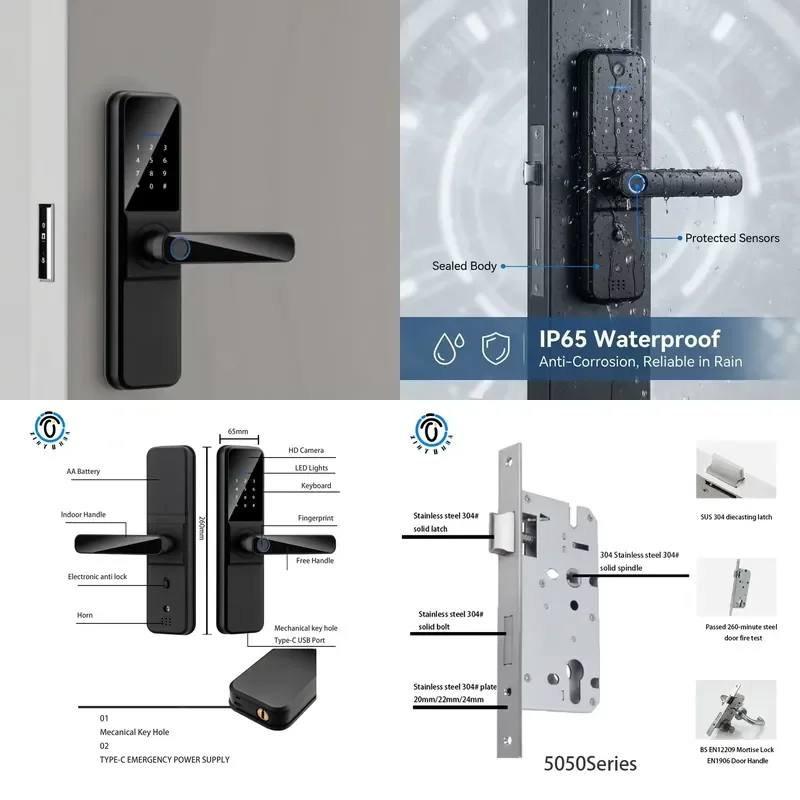 Electronic High Security Deadbolt Card Fingerprint WiFi Glass/Steel Cat's Eye Smart Wood Door with Face Recognition