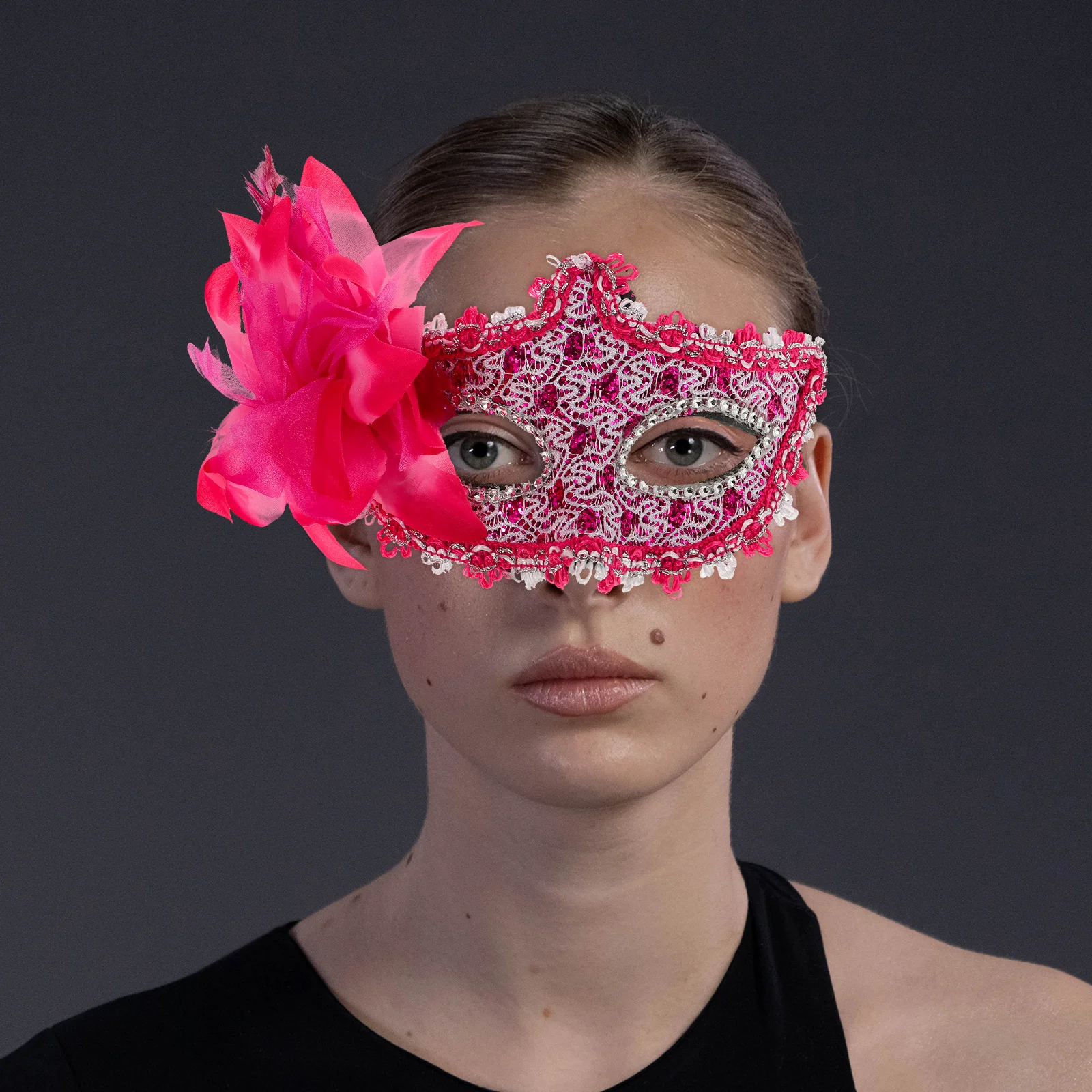 

Red Lace Face Mask With Lily Flower Crystal Rhinestones For Halloween Masquerade Costume Party Durable Hard