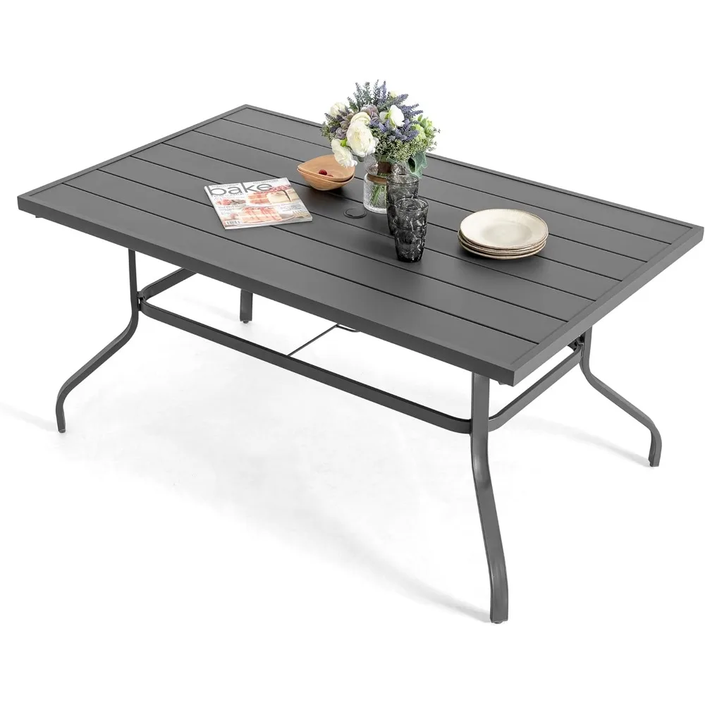 

Outdoor 61" x 37" Rectangle Dining Table with 1.57" Umbrella Hole, 6-Person Steel Slat Outdoor Patio Table, for Patio, Garden,