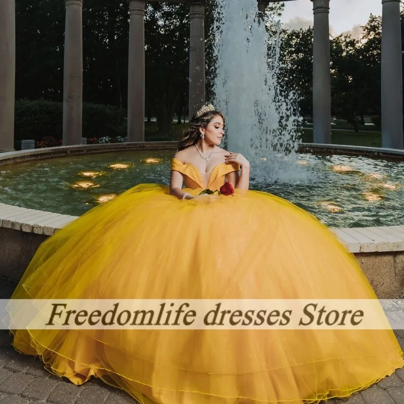 Vestidos de quinceañera amarillos elegantes con hombros descubiertos, vestido de baile de manga corta de tul con lentejuelas simples, 16 Vestidos personalizados de 15 años