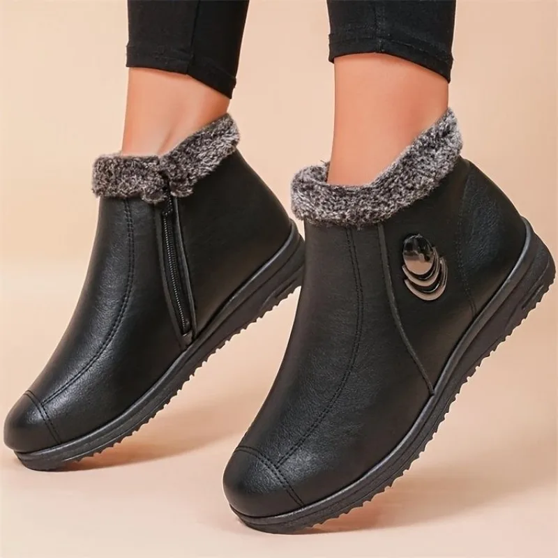 

Women Ankle Boots Plush Short Tube Flat Soled Snow Boots 2025 Autumn/winter New Simple Retro Zipper Warm Casual Cotton Boots 41