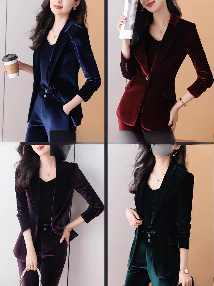 Blue Velvet Suit Jacket Women's Autumn Winter Mature High-End Sensation Light Maturity High-End Women's Flavor Suit Set