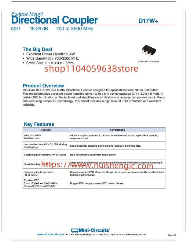 D17W+     RF directional coupler WiMAX, WLAN 700MHz ~ 3.5GHz 25.9dB 4W SOT-3-6