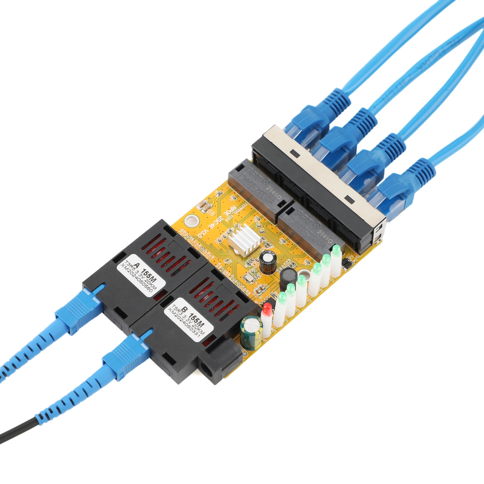 Conector óptico RJ45 A 2 SC A + B, convertidor de medios de 100M de fibra óptica, puertos de 1310nm/1550nm, placa PCBA, interruptor Ethernet de 20KM, amarillo