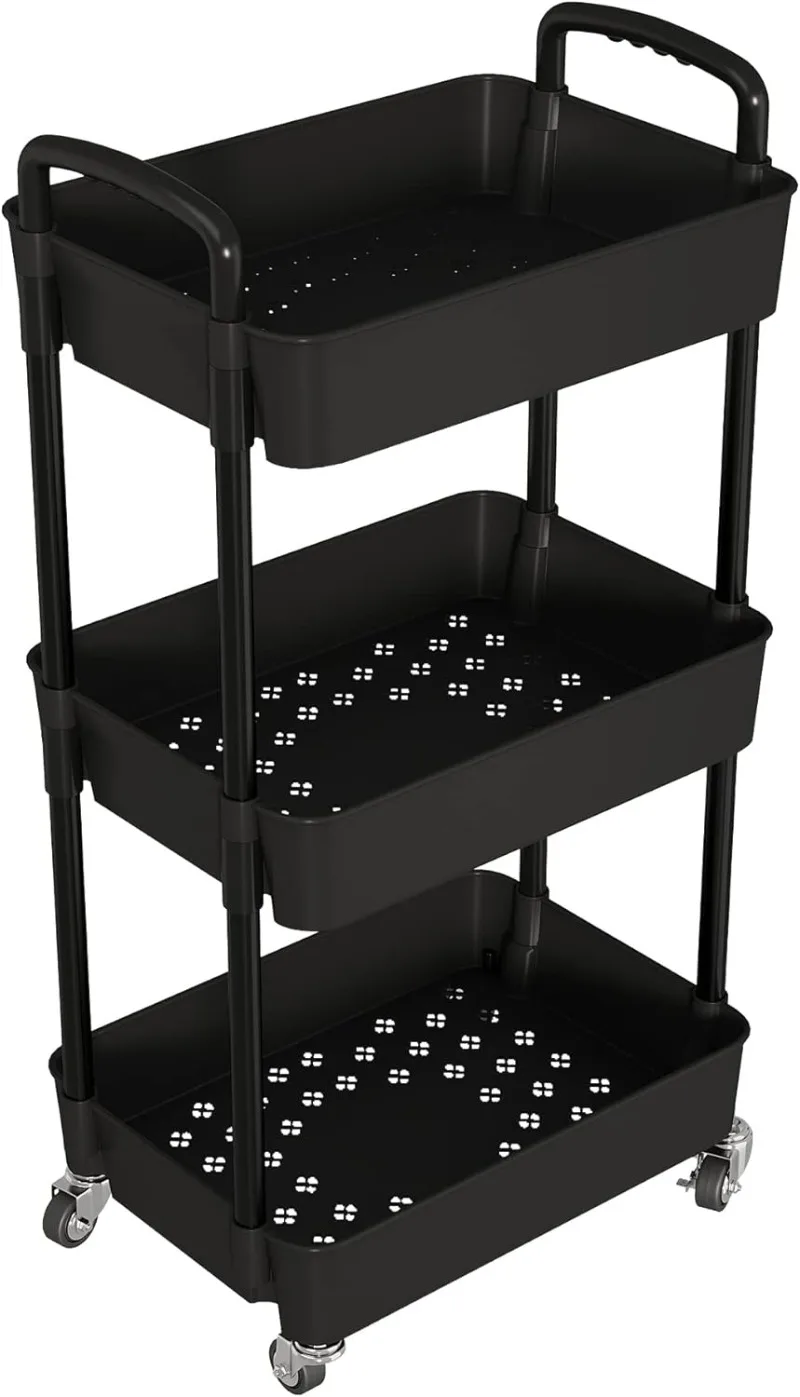 3-Tier Kitchen Storage Cart,Multifunction Utility Rolling Storage Organizer,Mobile Shelving Unit Cart with Lockable Wheels for