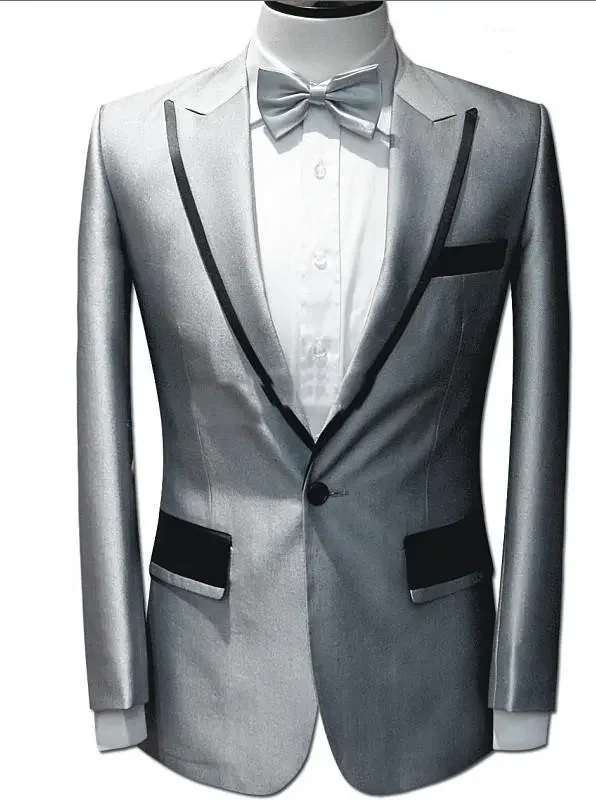 

Sliver Grey Satin Wedding Men Suit Slim Fit 2 Piece High Quality Tuxedo Custom Stage Groom Party Dress Suits Terno Masculino