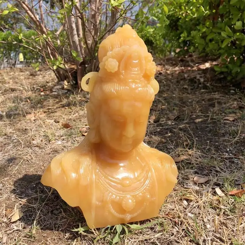 24MM Natural Orange Calcite Guanyin Statue Of Goddess Of Mercy Carving Ornament Feng Shui Craft Decor Stone Holiday Gift 1pcs