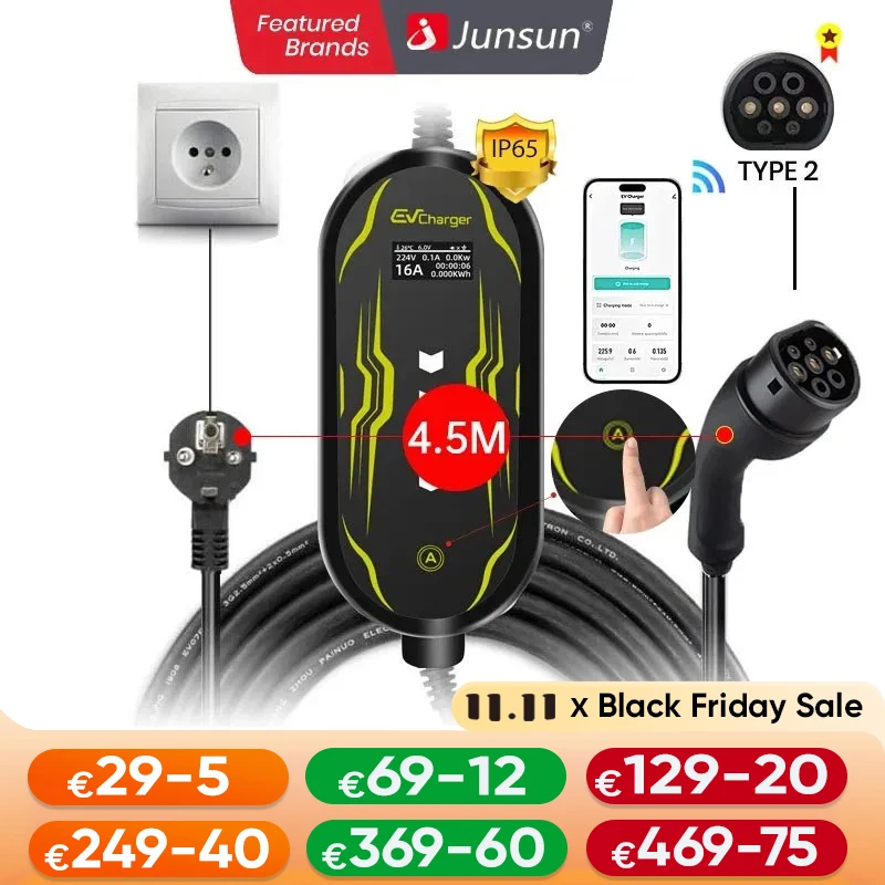 Junsun electric charger 3.5-22 kW | 3-phase/1-phase charging box | 6A-32A IP65 waterproof | home/electric car safety protection