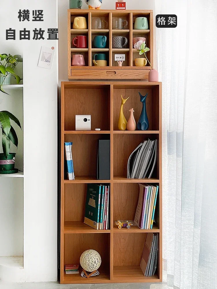 Solid wood bookshelf storage rack, floor to wall low cabinet, cherry wood  Nordic free combination storage grid bookshel