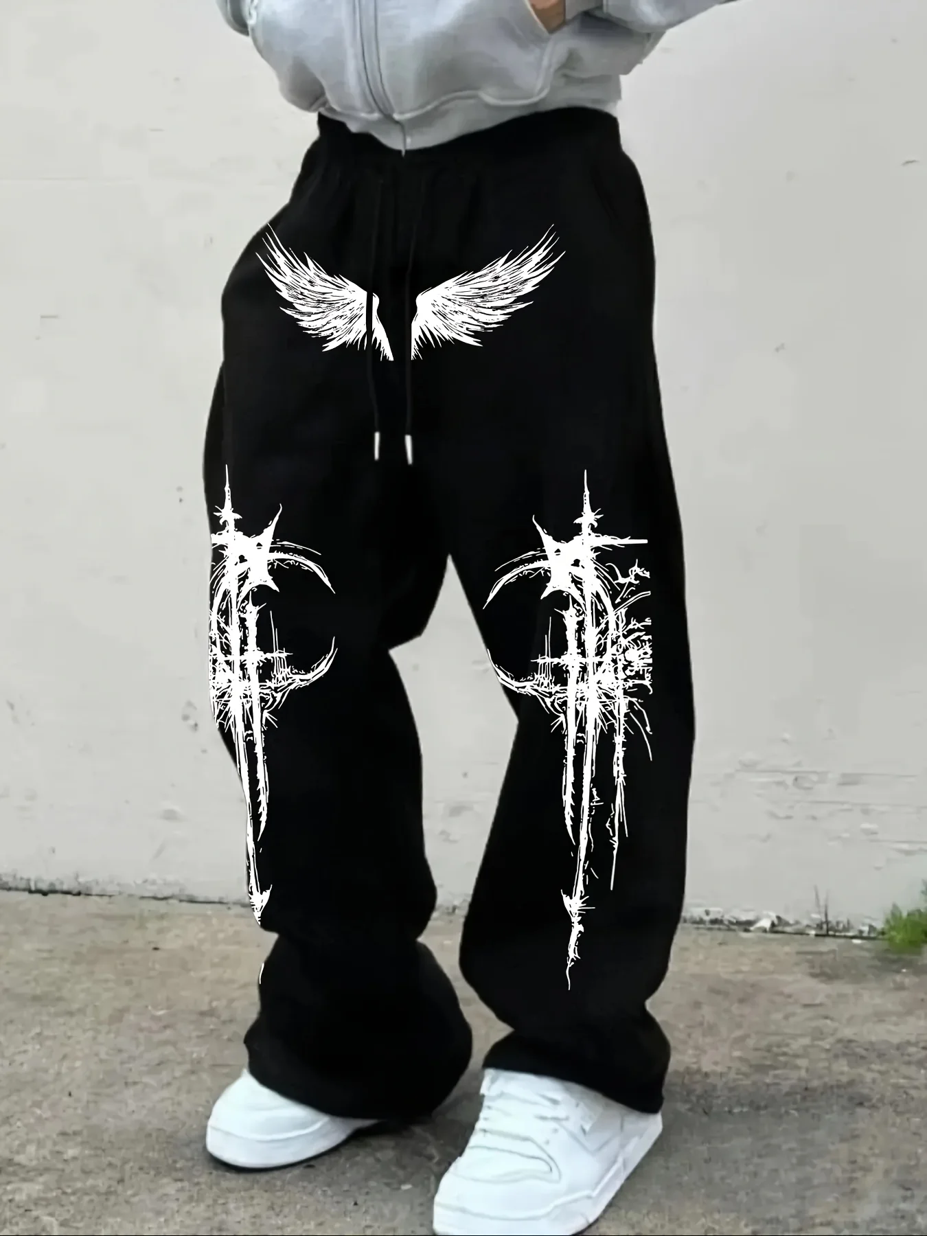 Dark Angel Wings Thorns Print Straight Sweatpants Subculture High Street Pants S-3XL