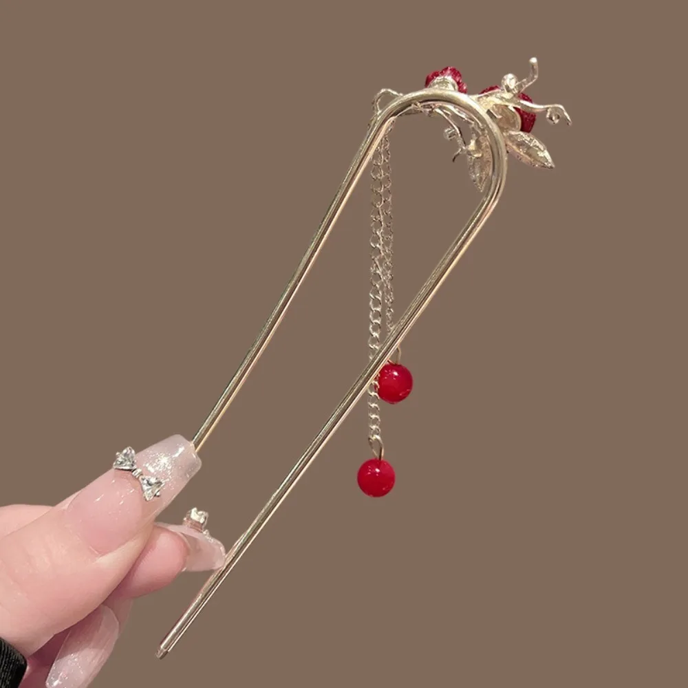 دبوس شعر وردي مخملي أحمر شرابات تصميم رومانسي مستوحى من الصين إكسسوار تقليدي أنيق يومي ساحر ومتطور #6